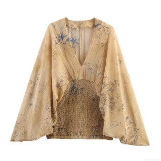 Women's V-Neck Floral Printed Top Long Sleeve Polyester Chiffon Texture Smocked Waist Pullover Blouse For Daily Casual Streetwear