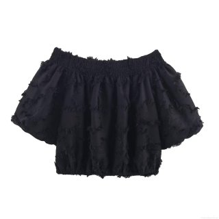 Women's Black Off Shoulder Bubble Sleeve Top Frayed Trim Shredded Texture Crop T-Shirt Sexy Summer Western Style Casual Blouse For Women