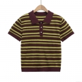 Women's Striped Knit Polo Shirt Short Sleeve Button Down Ribbed T-Shirt Loose Casual Retro Streetwear Summer Polyester Top For Ladies