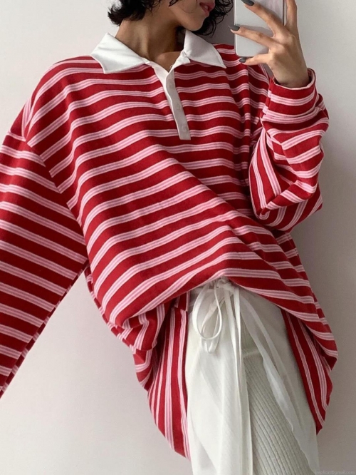 Women's American Retro Striped Long Sleeve Polo Shirt Fleece Lined Oversized Cotton Blend T-Shirt Casual Streetwear Pullover Top Women's American Retro Striped Long Sleeve Polo Shirt Fleece Lined Oversized Cotton Blend T-Shirt Casual Streetwear Pullover Top