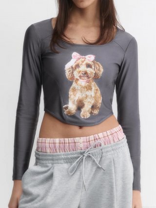 Women's Slim Fit Crop Top Long Sleeve T-Shirt Cartoon Dog Cat Print Mercerized Cotton Crew Neck Streetwear Top For Women Women's Slim Fit Crop Top Long Sleeve T-Shirt Cartoon Dog Cat Print Mercerized Cotton Crew Neck Streetwear Top For Women