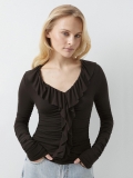 Women's Elegant V-Neck Long Sleeve Top With Ruffle Trim Pleated Texture Slim Fit Cotton Blend Blouse Casual Chic Shirt For Spring Autumn Daily Office Wear