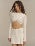 Women's Sexy Crossover Crop Top Knitted Cotton Wool Blend Long Sleeve Slim Fit T-shirt Trendy Spring Streetwear Solid Color Basic Blouse