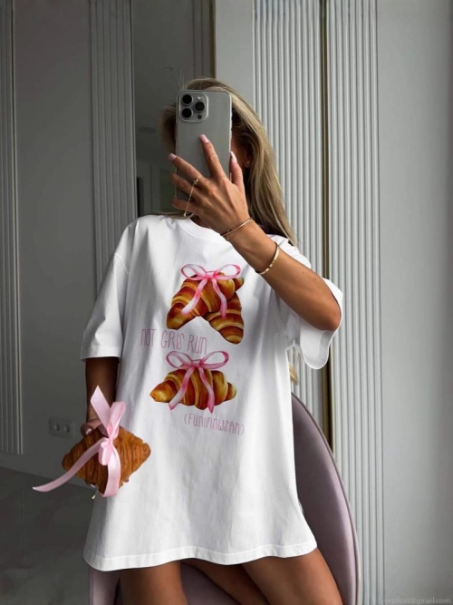 Women's Oversized Cotton Blend T-Shirt Casual Short Sleeve Croissant Bowknot Print Loose Fit Streetwear Tee Top for Women Daily Wear