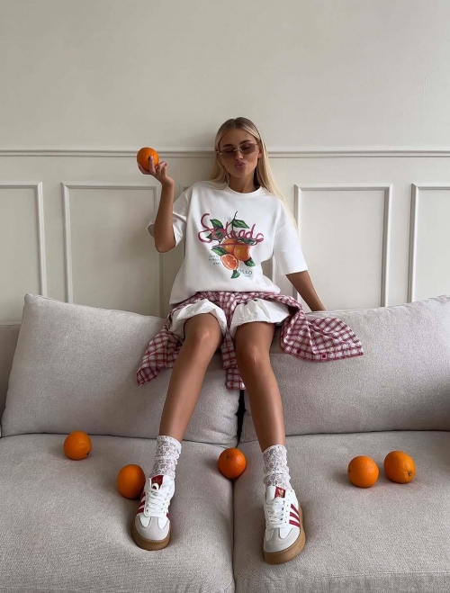 Women's Oversized Cotton Blend T-Shirt Summer Loose Round Neck Short Sleeve Top With Orange Fruit Graphic Print Casual Streetwear Tee For Ladies