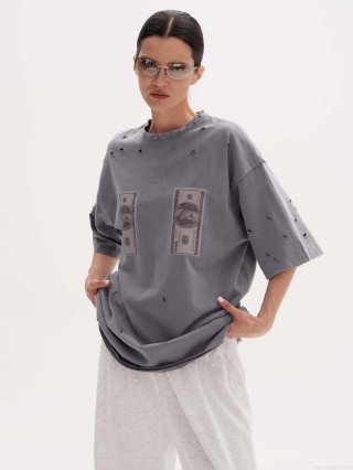 Women's Distressed Hole Dollar Print Short Sleeve T-Shirt Streetwear Oversized Cotton Blend Round Neck Summer Tee Women's Distressed Hole Dollar Print Short Sleeve T-Shirt Streetwear Oversized Cotton Blend Round Neck Summer Tee