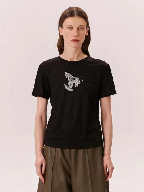 Women's Cotton T-Shirt Horse Print Round Neck Short Sleeve Loose Fit Summer Cropped Tee Streetwear Casual Tops For Girls