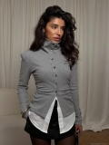 Women's Chic Mock Two-piece High Neck Knit T-Shirt Slim Fit Long Sleeve Single Breasted Ribbed Top Cotton Blend Autumn Casual Streetwear