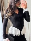 Women's Long Sleeve V-Neck Zipper Top Cotton Polyester Blend With Eyelash Lace Trim Slim Fit Elegant Tee For Casual Dating Streetwear Clothing