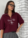 Women 100% Cotton Half Zip Lapel T-Shirt Vintage Letter Embroidery Contrast Color Loose Short Sleeve Polo Shirt Summer Casual Oversized Tee