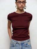 Women's Fashion Slim Fit Contrast Color Binding Cotton Short Sleeve T-Shirt Summer Crew Neck Crop Top Commuter Streetwear Tee Top For Women