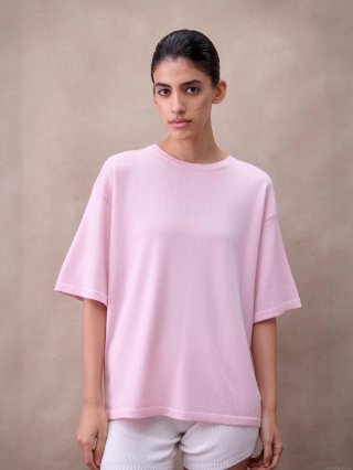Women's Knitted T-Shirt Pink Short Sleeve Round Neck Loose Fit Cotton Blend Sweet Casual Summer Top for Ladies Daily Streetwear