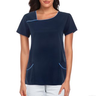 Women's Professional Scrub Top Polyester Slanted Neck Short Sleeve Uniform For Beauty Salon Spa Clinic Elegant Workwear Top With Pockets