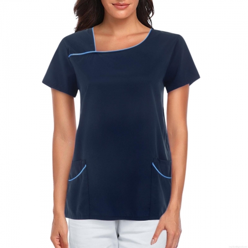 Women's Professional Scrub Top Polyester Slanted Neck Short Sleeve Uniform For Beauty Salon Spa Clinic Elegant Workwear Top With Pockets