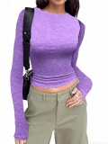 Women's Slim Fit Long Sleeve T-Shirt Cotton Blend Solid Color Round Neck Cropped Base Layer Top Casual Commuter Pullover Ribbed Knit Tee For Women Spring Autumn