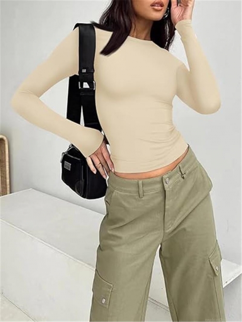 Women's Slim Fit Cropped T-Shirt Long Sleeve Solid Color Round Neck Ruched Polyester Base Layer Top for Daily Casual Commuting