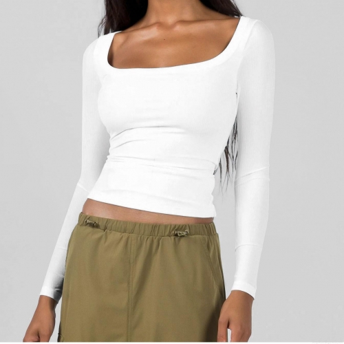 Women's Square Neck Ribbed Knit Long Sleeve T-Shirt Slim Fit Polyester Blend Basic Solid Color Sexy Pullover Top Casual Tee