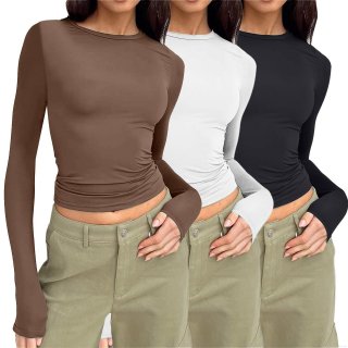 Women's Slim Fit Milk Silk T-Shirt Solid Color Round Neck Long Sleeve Casual Basic Tee Streetwear Pullover Tops for Women
