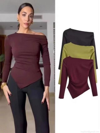 Women's T-Shirt Asymmetrical Ruched Long Sleeve Modal Spandex Off Shoulder Solid Color Slim Fit Casual Elegant Top Tee Women's T-Shirt Asymmetrical Ruched Long Sleeve Modal Spandex Off Shoulder Solid Color Slim Fit Casual Elegant Top Tee