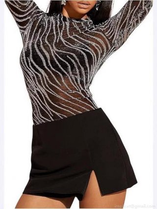Women's Sexy Zebra Print Mesh Top Sparkly Sequin Transparent Long Sleeve T-Shirt Slim Fit Clubwear Party Blouse For Night Out Women's Sexy Zebra Print Mesh Top Sparkly Sequin Transparent Long Sleeve T-Shirt Slim Fit Clubwear Party Blouse For Night Out