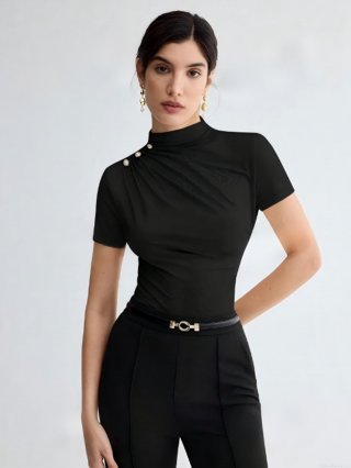 Women's Mock Neck Ruched Slim Fit T-Shirt Solid Color Short Sleeve Top With Shoulder Metal Buttons Casual Business Commuting Pullover Shirt