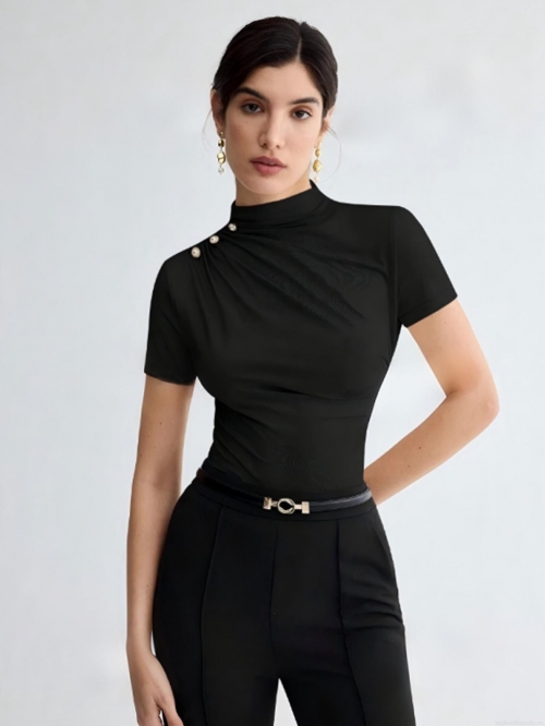 Women's Mock Neck Ruched Slim Fit T-Shirt Solid Color Short Sleeve Top With Shoulder Metal Buttons Casual Business Commuting Pullover Shirt