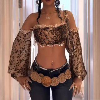 Women Sexy Leopard Print Off-the-Shoulder Long Sleeve Crop Top With Lace Trim Chiffon Polyester Blouse For Party Y2K Streetwear Fashion Slim Fit Shirt