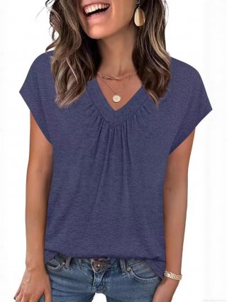 Women's V Neck Short Sleeve T-Shirt Casual Loose Summer Top With Pleated Detail Solid Color Polyester Blouse For Everyday Office Wear Ladies Fashion
