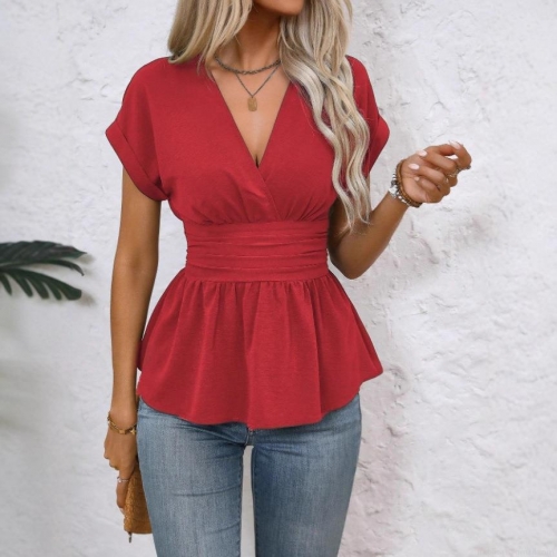 Women's V Neck Peplum Top Elegant Smocked Waist Short Sleeve T-Shirt 100% Polyester Solid Color Raglan Sleeve Ruffle Hem Blouse for Casual Office Dating