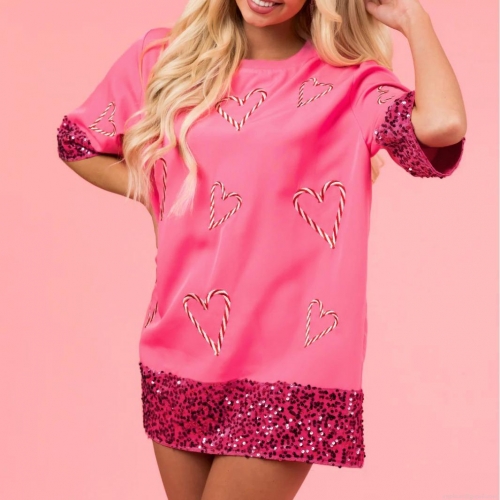 Women Fashion Pink Heart Print Sequin Trim T-Shirt Dress Casual Round Neck Short Sleeve Loose Mid-Length Tee Top Polyester Summer Outfits Women Clothing
