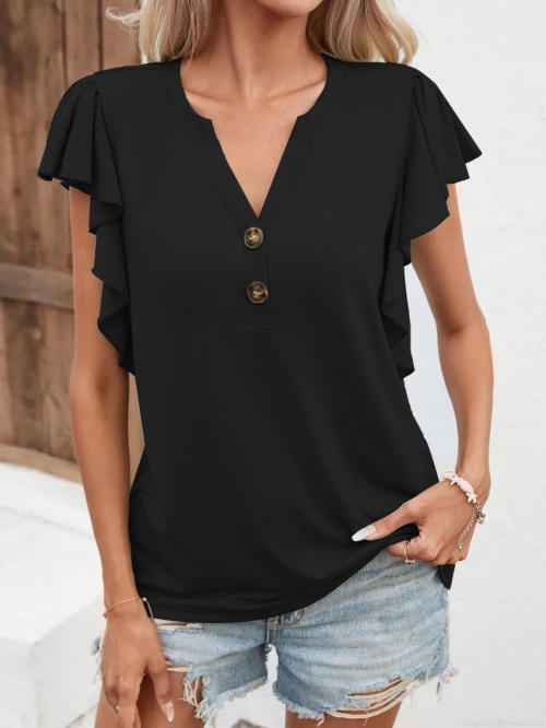 Women's Elegant V Neck Ruffle Sleeve T-Shirt Solid Color Loose Fit Polyester Spandex Blended Summer Top With Decorative Buttons For Office Daily Commute Women's Elegant V Neck Ruffle Sleeve T-Shirt Solid Color Loose Fit Polyester Spandex Blended Summer Top With Decorative Buttons For Office Daily Commute