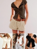Sexy Ribbed Knit Slim Fit Short Sleeve T-Shirt For Women Summer V Neck Button Down Cardigan Top Polyester Spandex Solid Color Streetwear Fashion