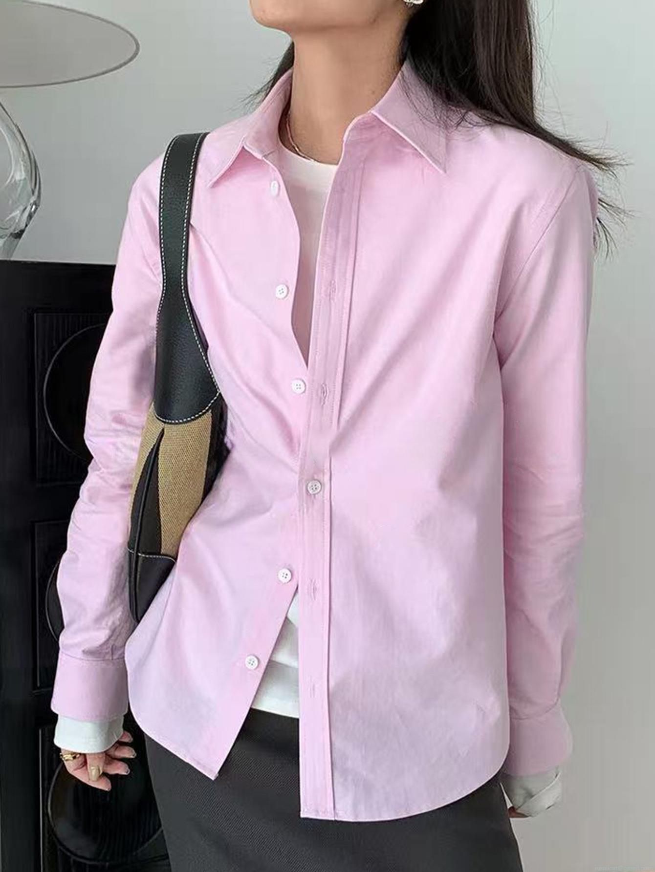 Women's Casual Long Sleeve Blouse 100% Polyester V-Neck Button Down Shirt Solid Color Slim Fit Y2K Vintage Top for Daily Office Wear