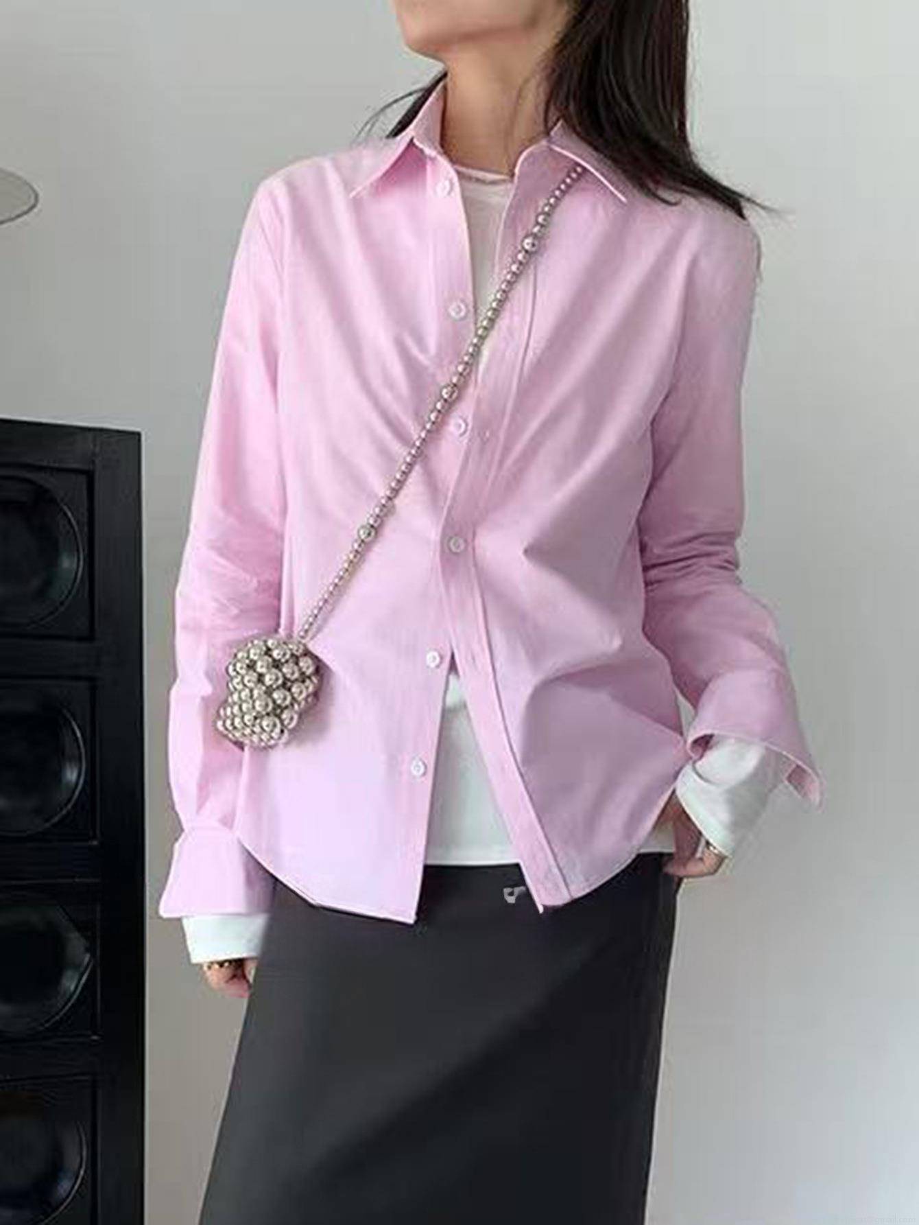 Women's Casual Long Sleeve Blouse 100% Polyester V-Neck Button Down Shirt Solid Color Slim Fit Y2K Vintage Top for Daily Office Wear