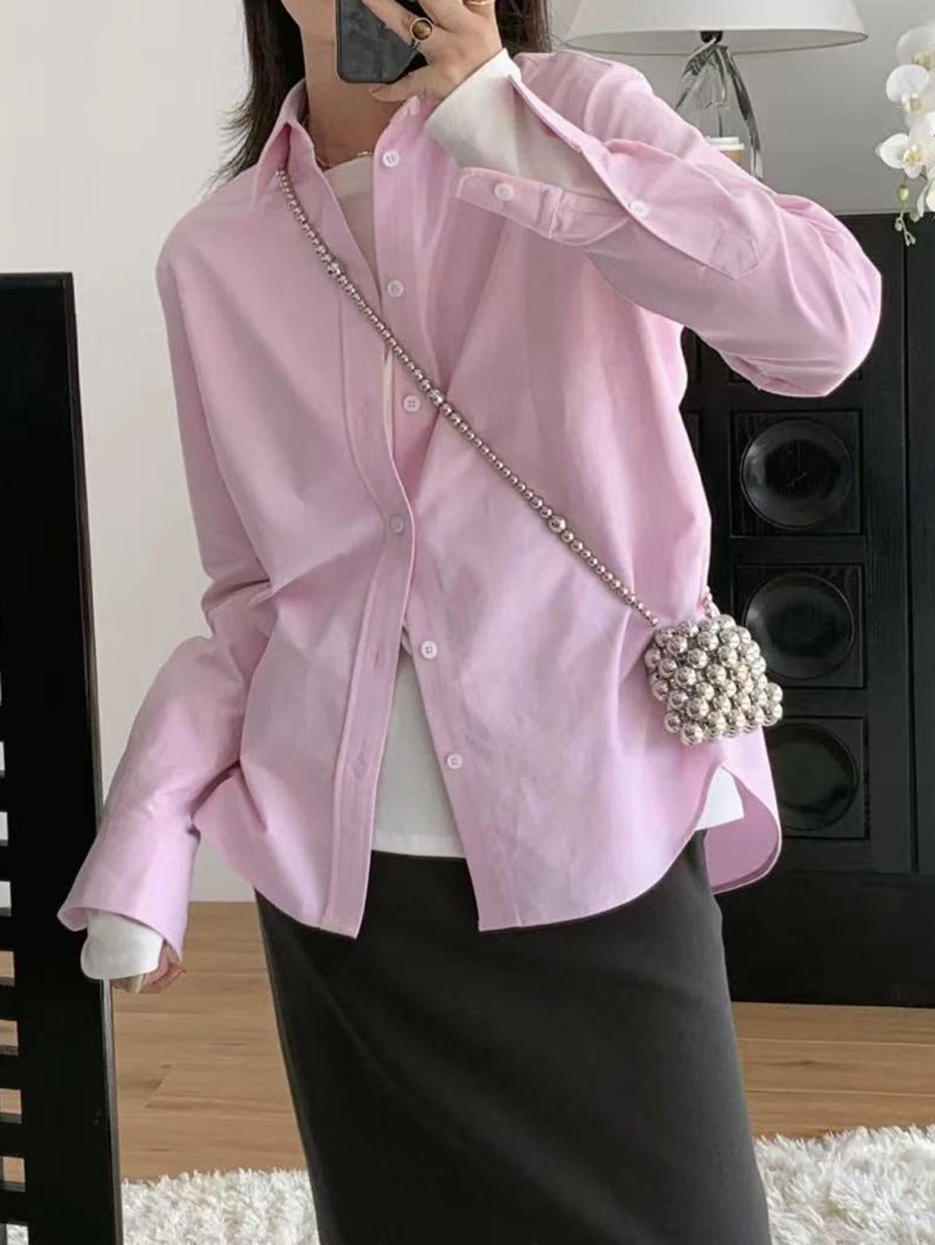 Women's Casual Long Sleeve Blouse 100% Polyester V-Neck Button Down Shirt Solid Color Slim Fit Y2K Vintage Top for Daily Office Wear