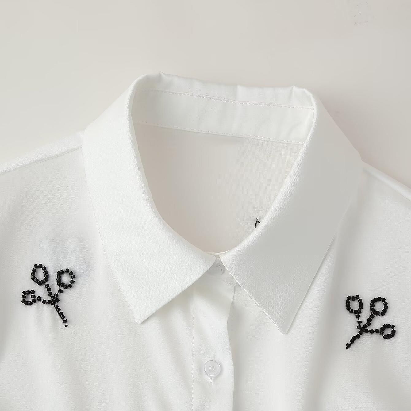 Elegant White Beaded Leaf Pattern Blouse Women's Long Sleeve Lapel Waist Tie Shirt Office Commute Polyester Tops For Lady