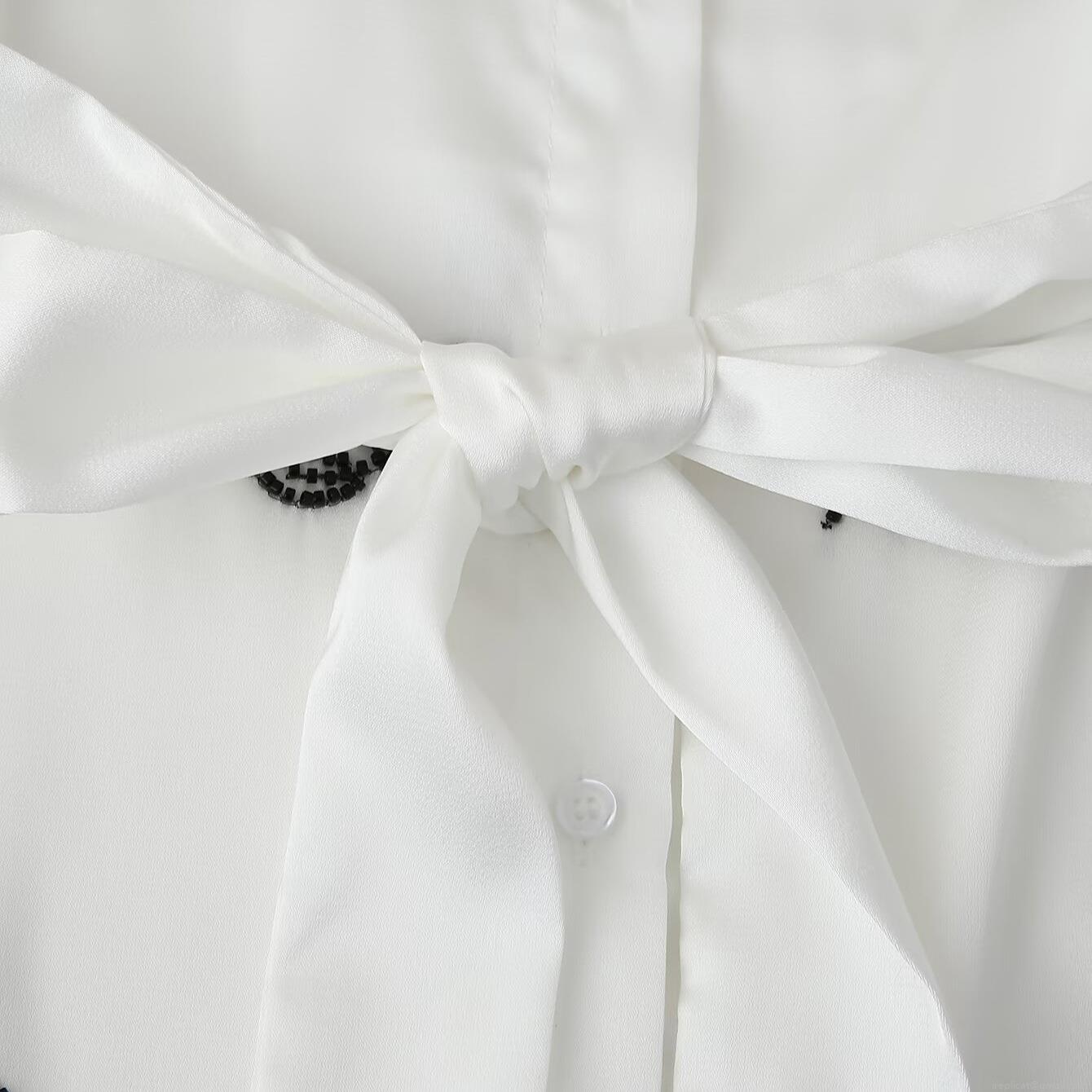 Elegant White Beaded Leaf Pattern Blouse Women's Long Sleeve Lapel Waist Tie Shirt Office Commute Polyester Tops For Lady