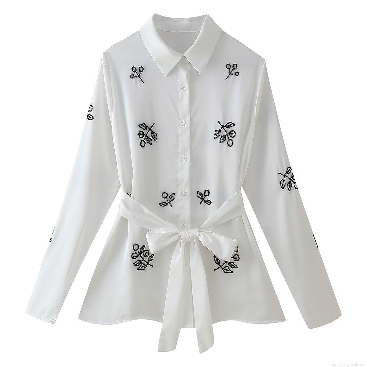 Elegant White Beaded Leaf Pattern Blouse Women's Long Sleeve Lapel Waist Tie Shirt Office Commute Polyester Tops For Lady