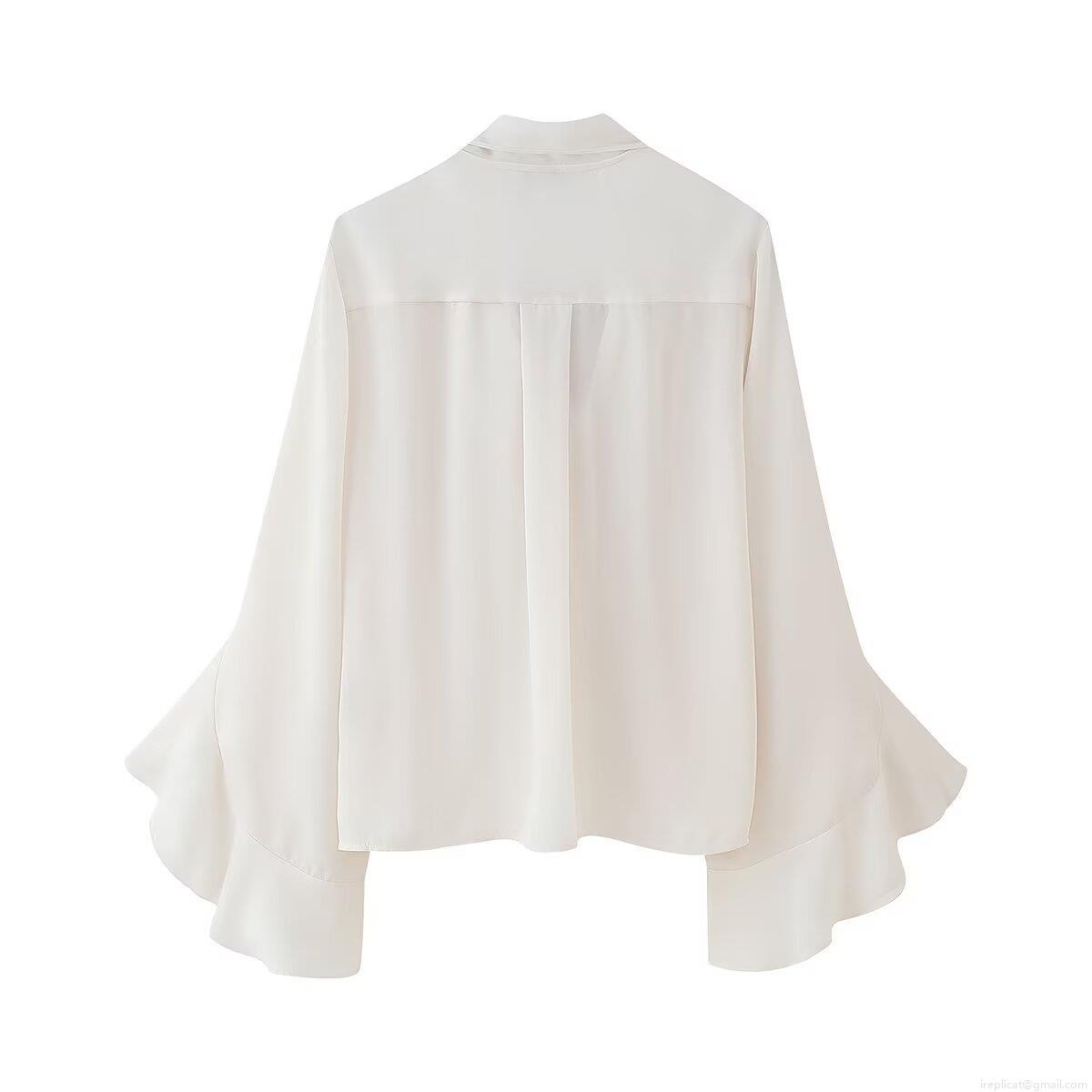 Women's Elegant Chiffon Blouse With Bow Tie Neck Ruffle Flare Long Sleeve Solid Color Retro Top Office Lady Chic Casual Lightweight Shirt