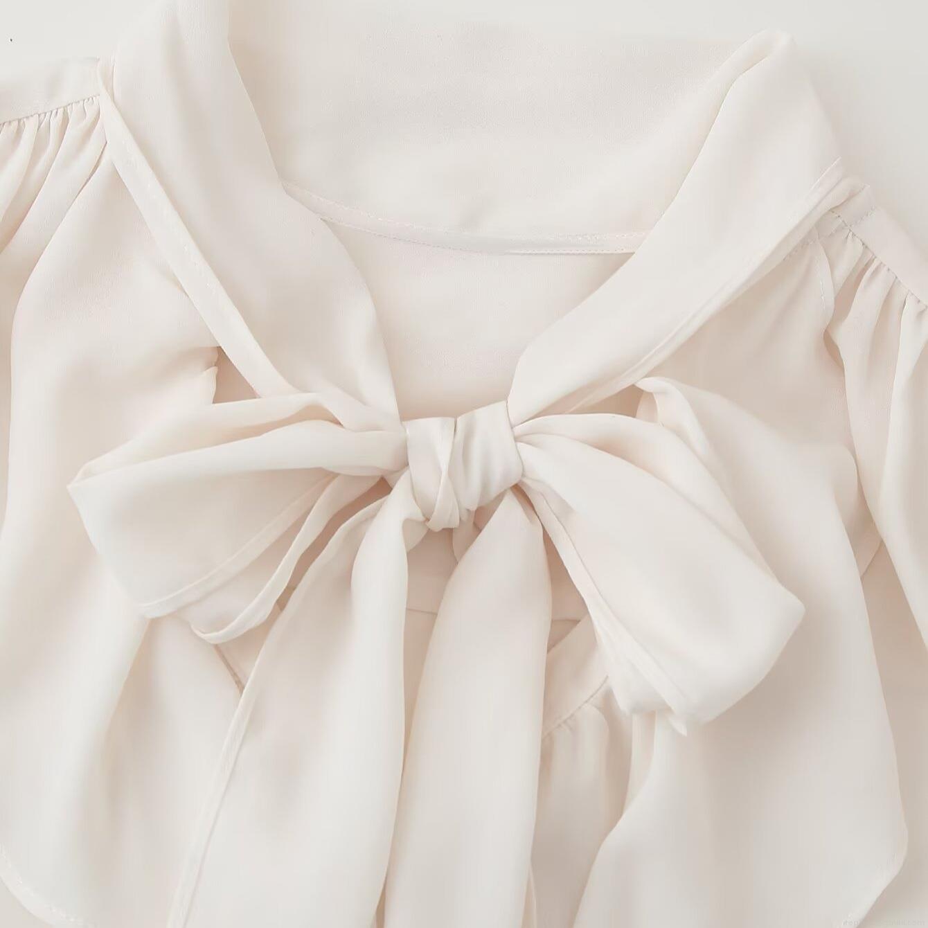Women's Elegant Chiffon Blouse With Bow Tie Neck Ruffle Flare Long Sleeve Solid Color Retro Top Office Lady Chic Casual Lightweight Shirt