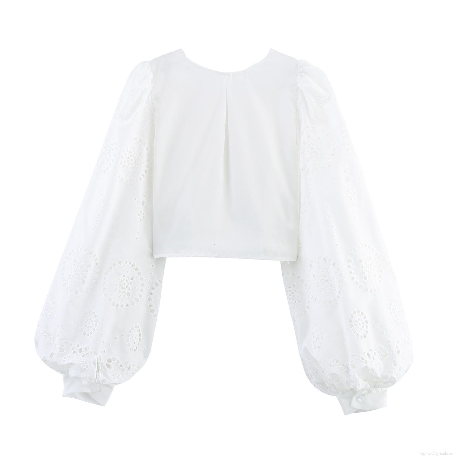 French Elegant Women's White Blouse Hollow Out Eyelet Embroidery Scalloped V Neck Lantern Sleeve Slim Waist Polyester Top Spring Summer Dating Party