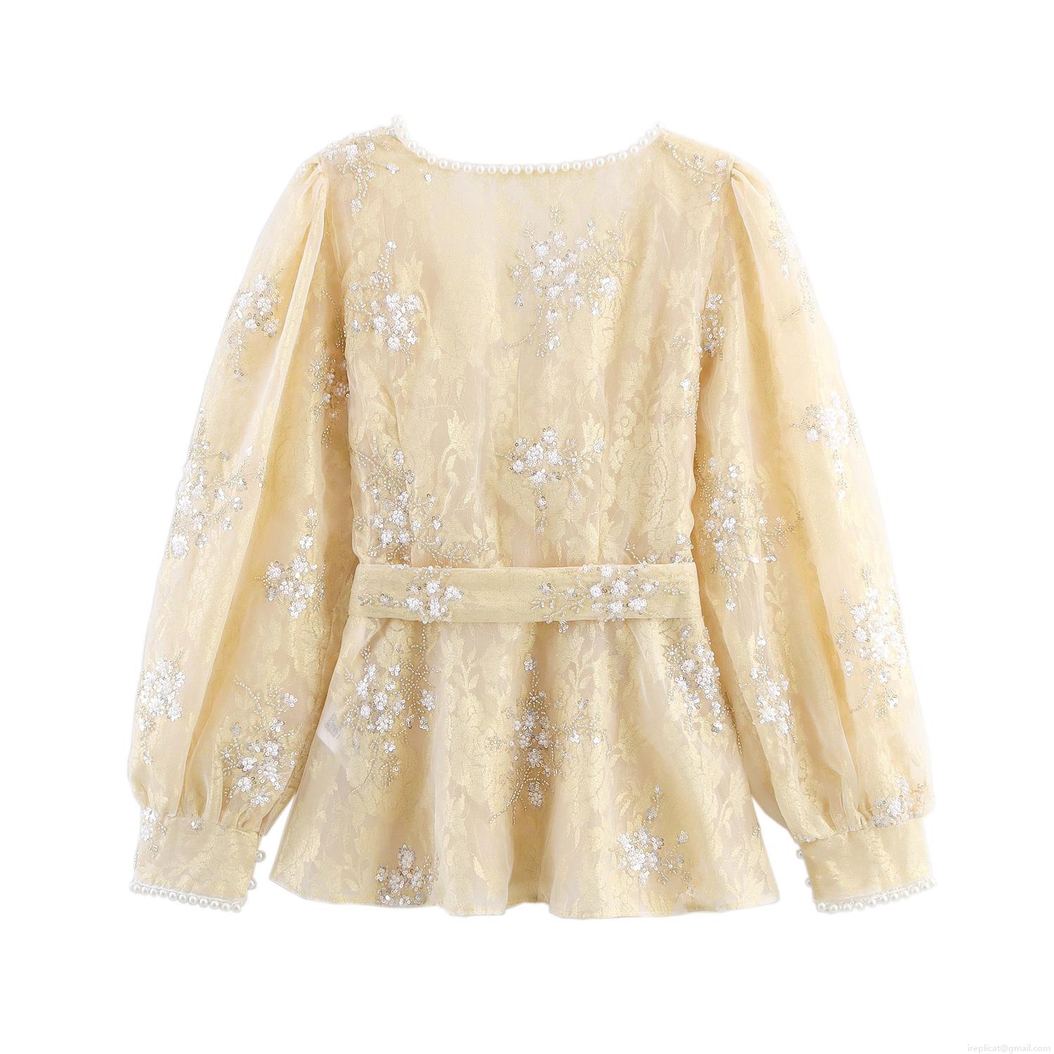 Women Elegant Sequin Mesh V-Neck Blouse With Pearl Buckle Belt Lace Embroidery Long Lantern Sleeve Slim Waist Party Socialite Shirt Top