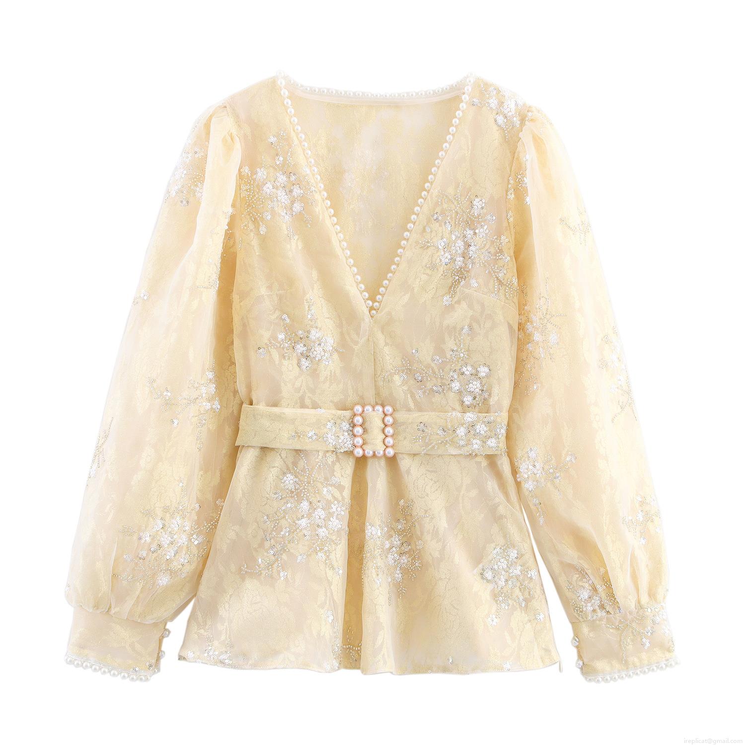 Women Elegant Sequin Mesh V-Neck Blouse With Pearl Buckle Belt Lace Embroidery Long Lantern Sleeve Slim Waist Party Socialite Shirt Top