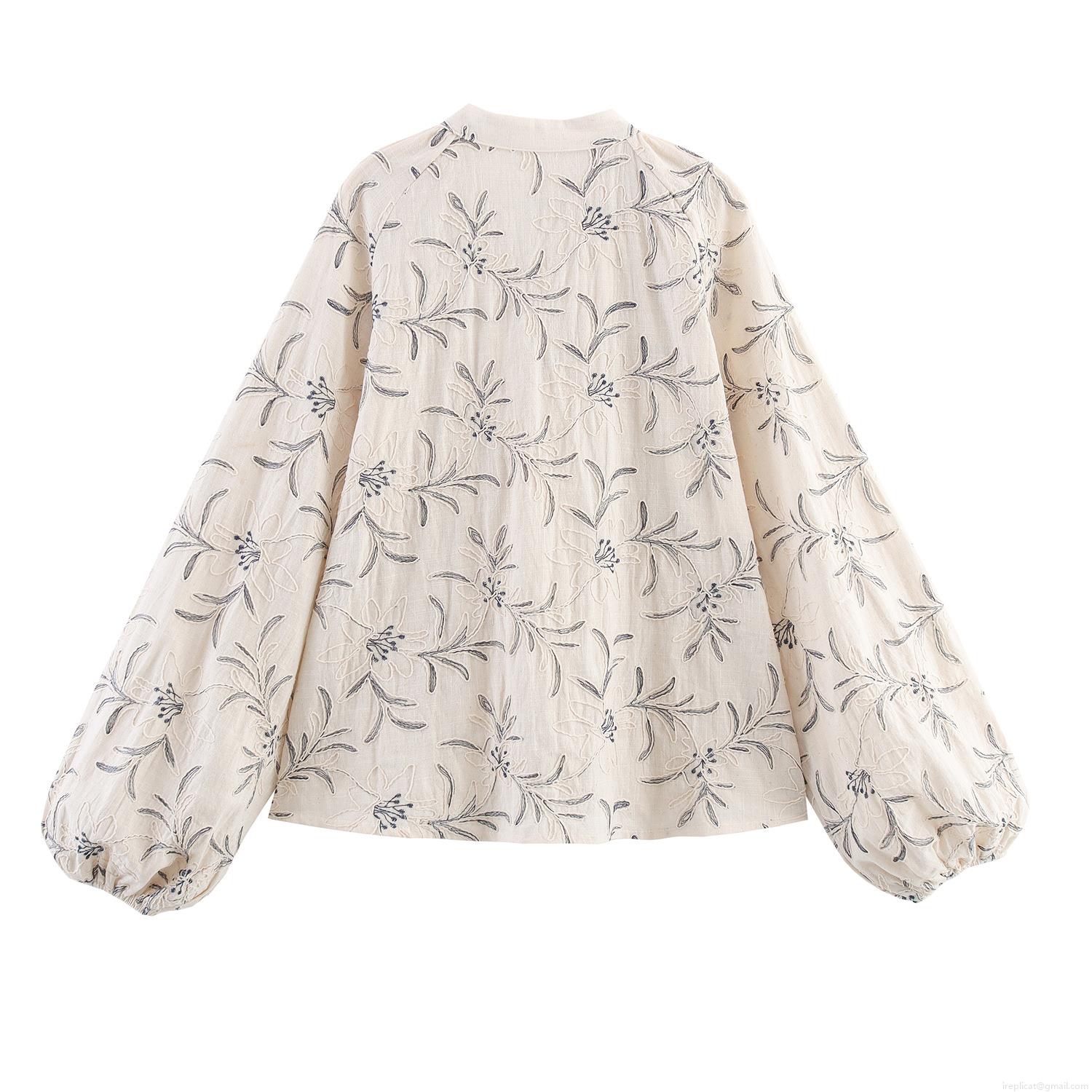 Women's V-Neck Floral Embroidery Blouse Lantern Sleeve Loose Faux Linen Polyester Shirt With Wooden Bead Ties For Spring Summer Casual Boho Ethnic Style
