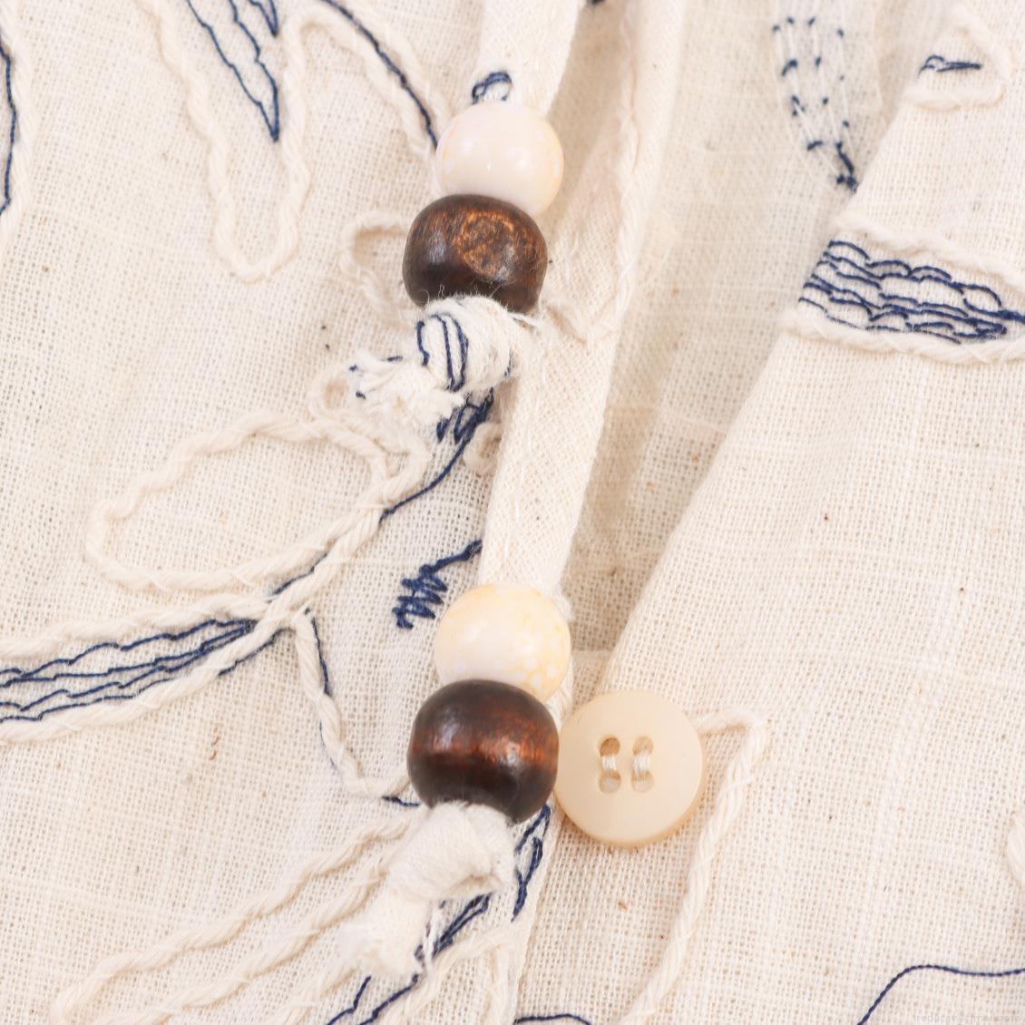 Women's V-Neck Floral Embroidery Blouse Lantern Sleeve Loose Faux Linen Polyester Shirt With Wooden Bead Ties For Spring Summer Casual Boho Ethnic Style