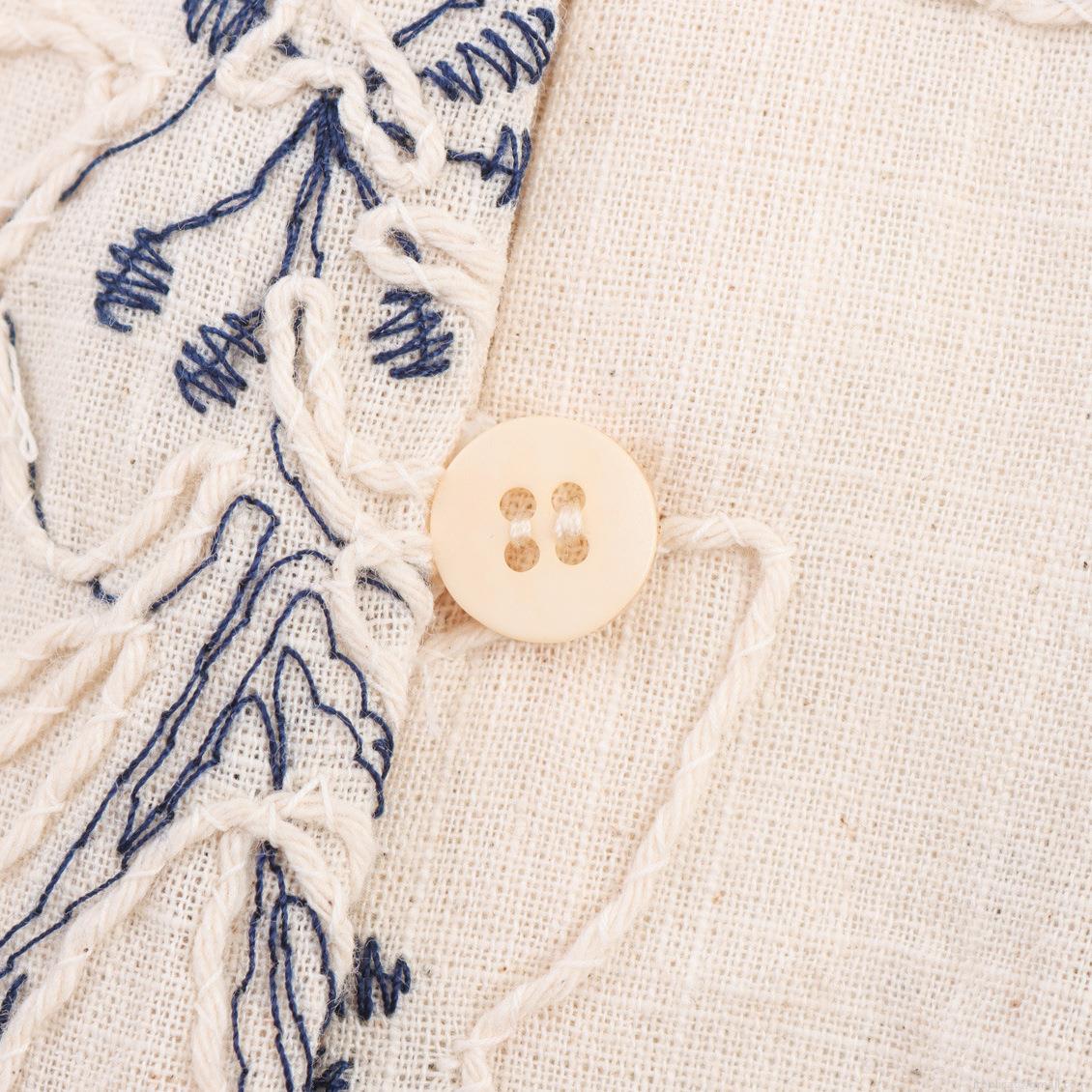 Women's V-Neck Floral Embroidery Blouse Lantern Sleeve Loose Faux Linen Polyester Shirt With Wooden Bead Ties For Spring Summer Casual Boho Ethnic Style