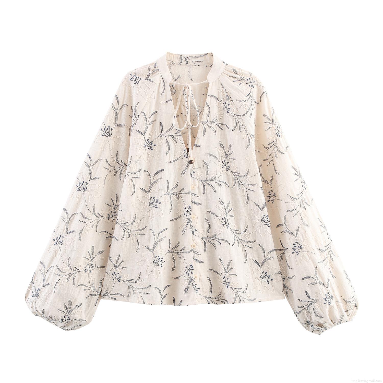 Women's V-Neck Floral Embroidery Blouse Lantern Sleeve Loose Faux Linen Polyester Shirt With Wooden Bead Ties For Spring Summer Casual Boho Ethnic Style