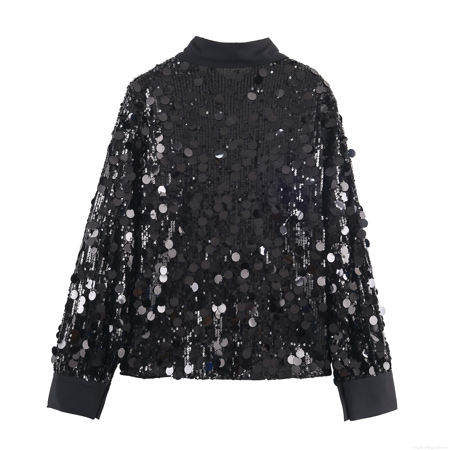 Women's Black Sequin Long Sleeve Shirt Lapel Single Breasted Blouse For Party Night Out Clubwear Shiny Polyester Top Loose Fit Casual Chic