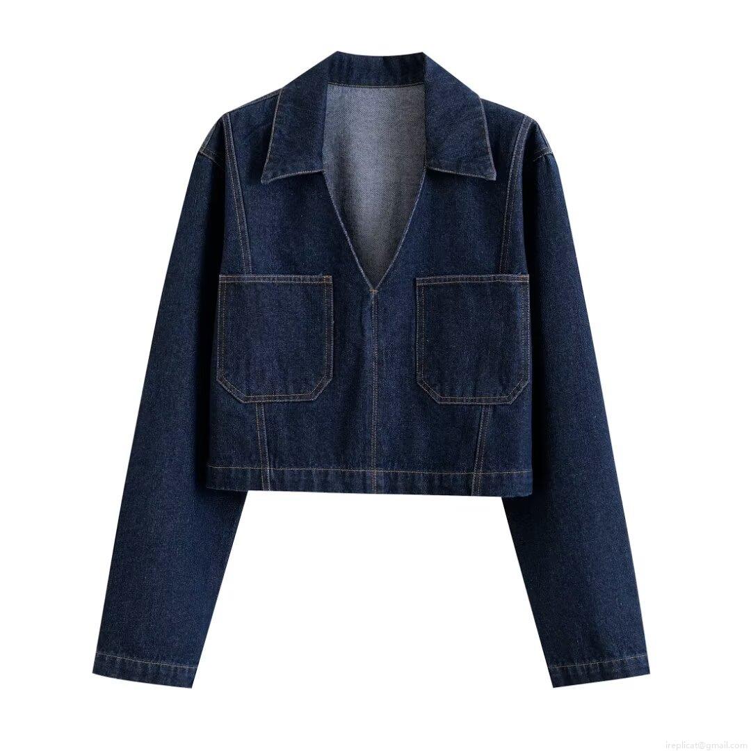 Women's Fashion Solid Color Lapel Denim Long Sleeve Shirt Top Vintage Cropped Denim Jacket With Pockets For Women Casual Streetwear Autumn Winter Outwear