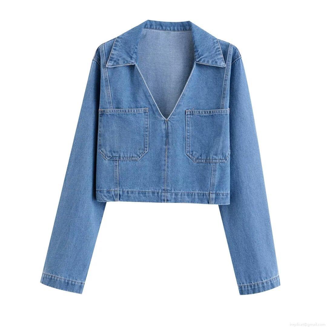 Women's Fashion Solid Color Lapel Denim Long Sleeve Shirt Top Vintage Cropped Denim Jacket With Pockets For Women Casual Streetwear Autumn Winter Outwear